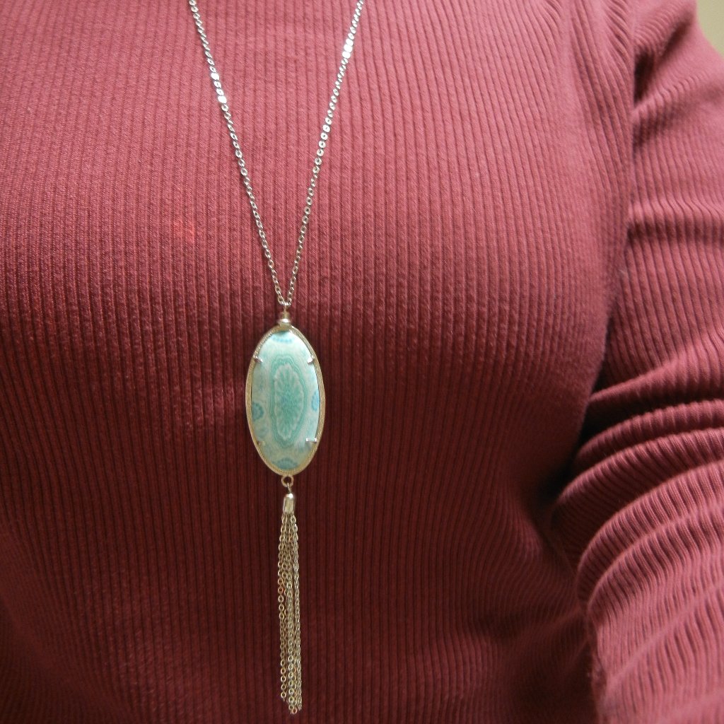 Jilzarah Silver Necklace Reversible Chain Tassel Handmade Polymer Clay Bead Oval